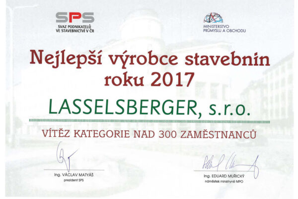 LASSELSBERGER je nejlepším výrobcem stavebnin roku 2017