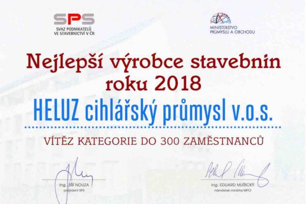 HELUZ je Nejlepším výrobcem stavebnin roku 2018
