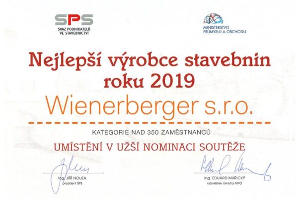 Wienerberger vítězem v soutěži Nejlepší výrobce stavebnin roku 2019