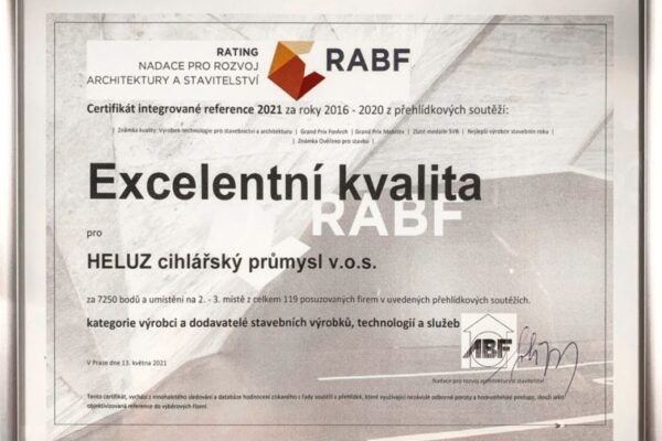 Ocenění „Excelentní kvalita“ pro HELUZ v Ratingu ABF
