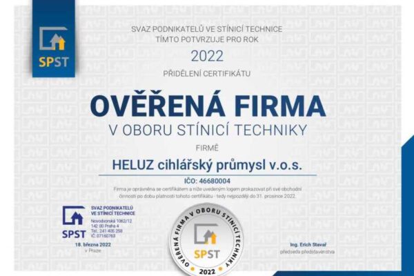 HELUZ opět s certifikátem Ověřená firma v oboru stínicí techniky
